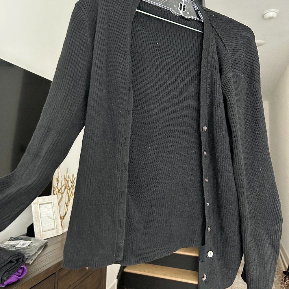 The Limited Black Ribbed Cardigan with Buttons